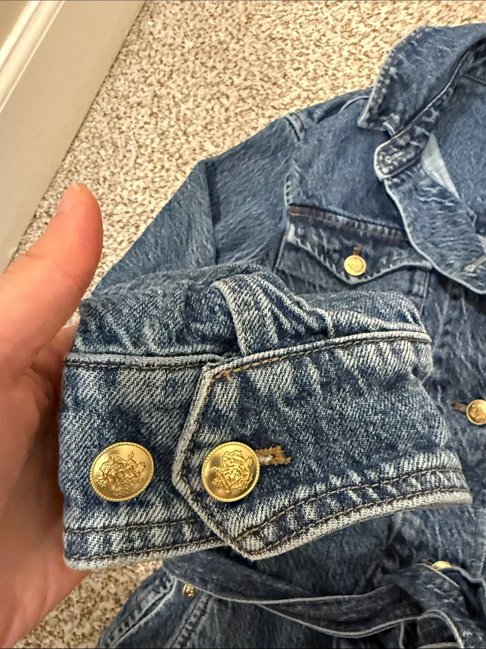 J.Crew belted longline denim jacket with gold buttons sz L large